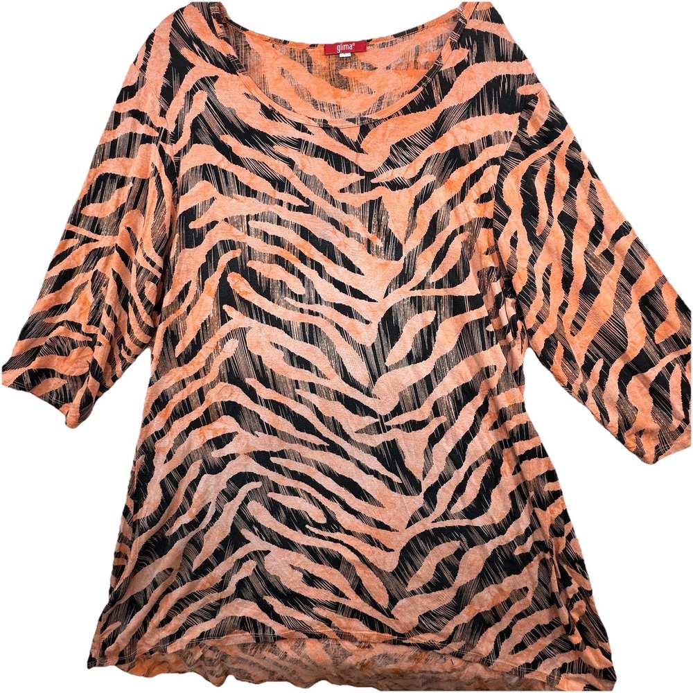 GLIMA Orange Tie Dye Dyed AOP Animal Print Hi Low Tunic Top‎ Large Art To Wear